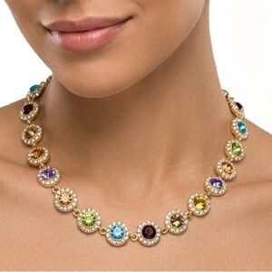 14K Gold Plated Rhinestones Multicolor Necklace Stainless Steel Jewelry Womens